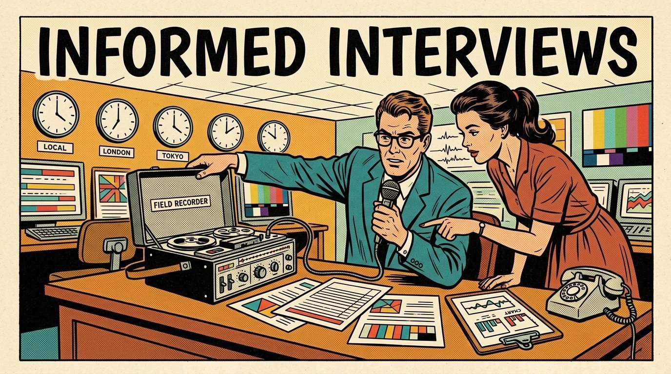 A 1960s mid-century comic book style editorial illustration showing a broadcast journalist and a producer in a newsroom, with a newsroom desk, a field recorder, a wall of clocks visible in the frame.