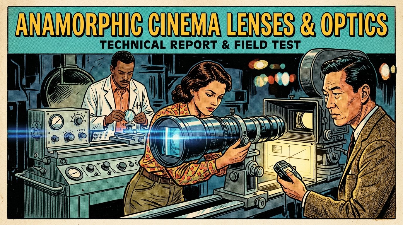 A 1960s mid-century comic book style editorial illustration depicting cinematographers and lens technicians testing vintage anamorphic cinema lenses on an optical collimator bench.