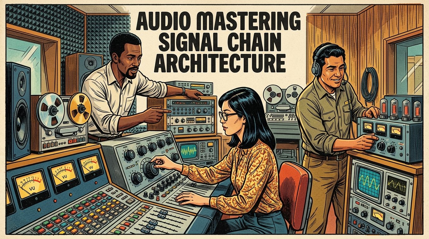 A 1960s mid-century comic book style editorial illustration depicting audio mastering engineers calibrating analog mastering hardware and digital signal processors in an acoustic mastering studio.