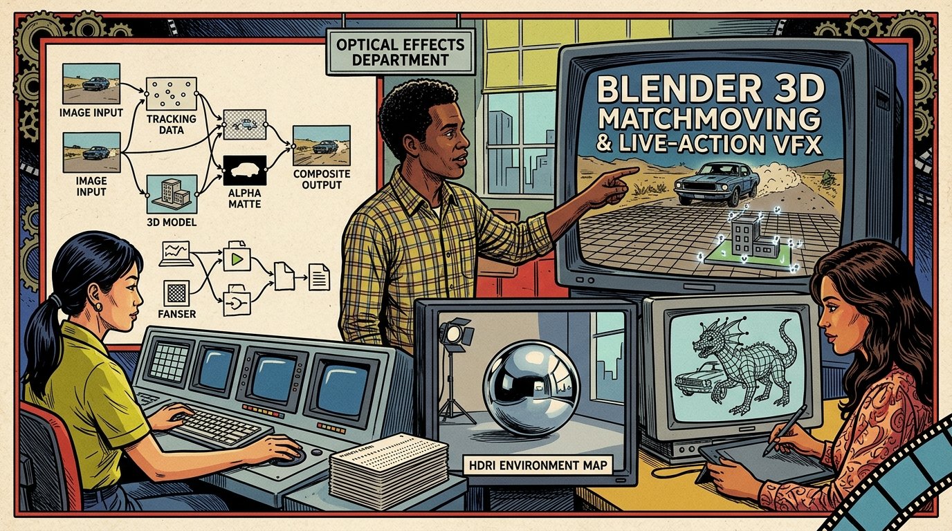 A 1960s mid-century comic book style editorial illustration depicting visual effects artists integrating live-action film footage with 3D CGI wireframes in Blender.