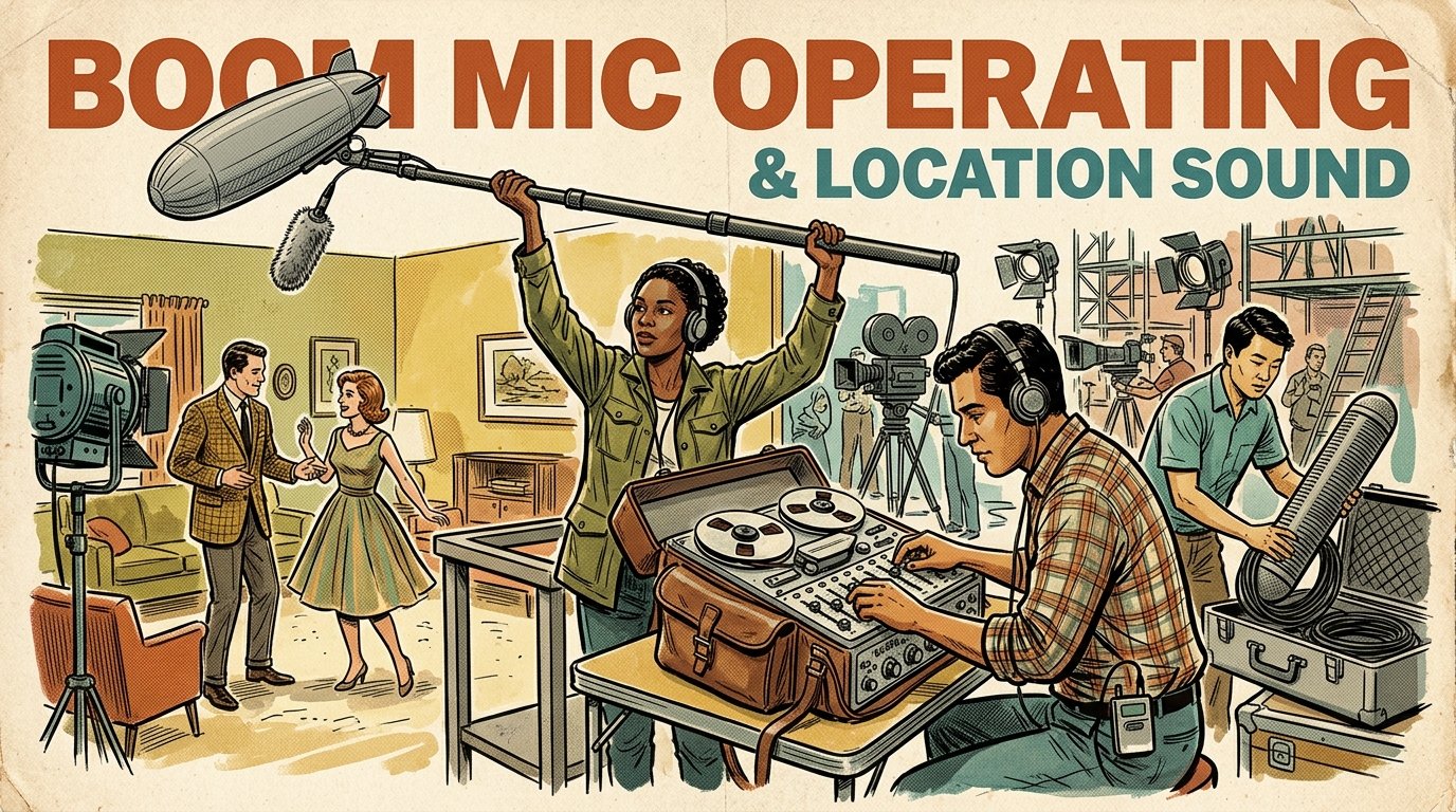 A 1960s mid-century comic book style editorial illustration depicting a production sound mixer and boom operator capturing audio on a movie set with carbon fiber boom poles and recorder bag.