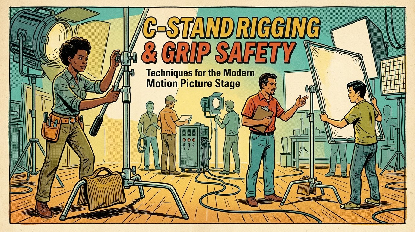 A 1960s mid-century comic book style editorial illustration depicting a film grip and electric crew setting up heavy C-stands, sandbags, and lighting flags on a soundstage.
