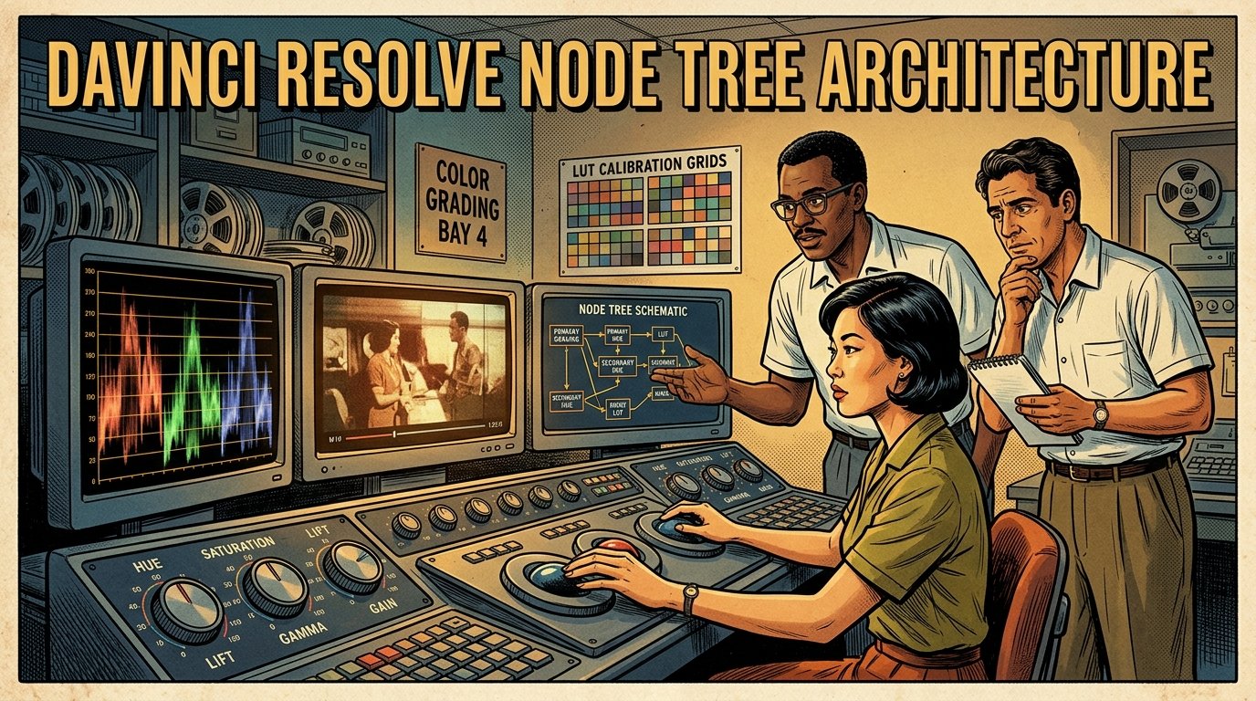A 1960s mid-century comic book style editorial illustration depicting film colorists working at a professional color grading suite with control surfaces, OLED monitors, RGB parade scopes, and DaVinci Resolve node tree schematics.