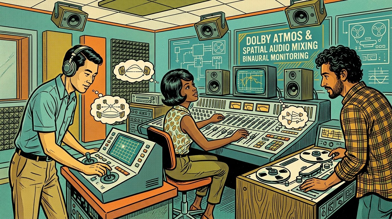 A 1960s mid-century comic book style editorial illustration depicting sound mixing engineers working in a 7.1.4 immersive spatial audio studio with 3D acoustic panners, ceiling speakers, and tape reels.
