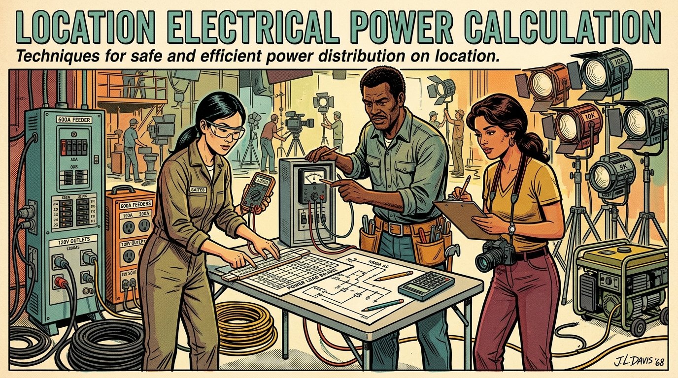 A 1960s mid-century comic book style editorial illustration depicting a film gaffer and electrician team calculating electrical power distribution on a film set.