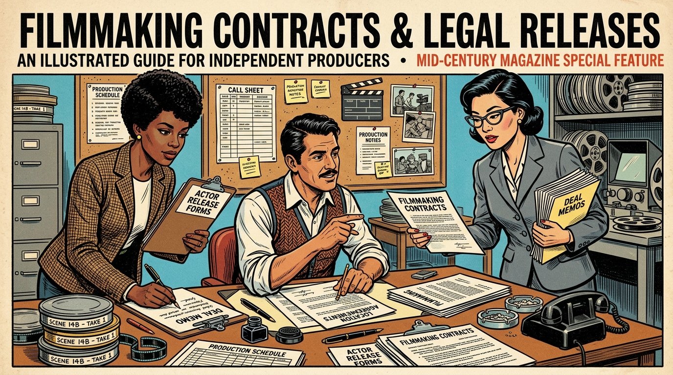 A 1960s mid-century comic book style editorial illustration depicting an indie film producer and director reviewing legal contracts, actor release forms, location agreements, and deal memos in a retro production office.