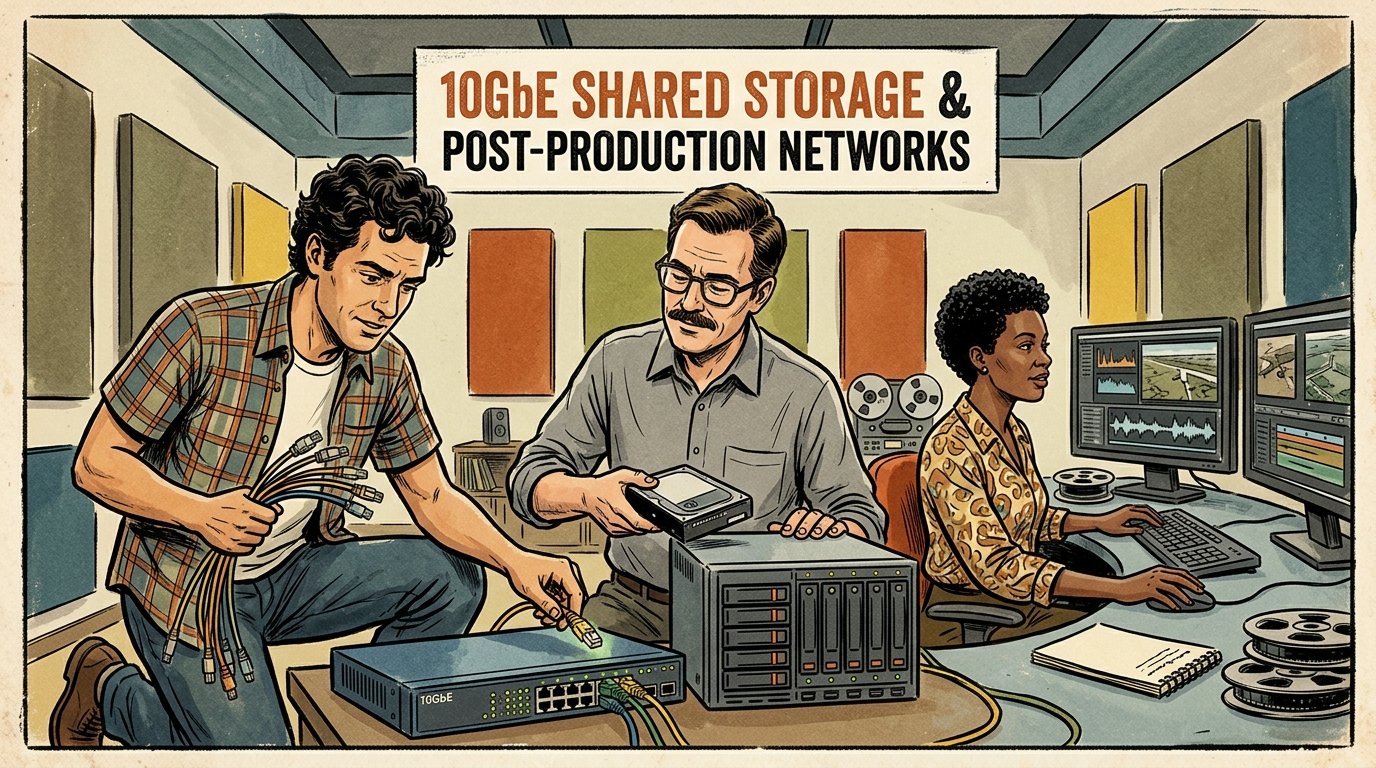 A 1960s mid-century comic book style editorial illustration depicting post-production systems engineers and video editors setting up high-speed rackmount shared storage servers, 10GbE optical network switches, and RAID hard drive arrays.