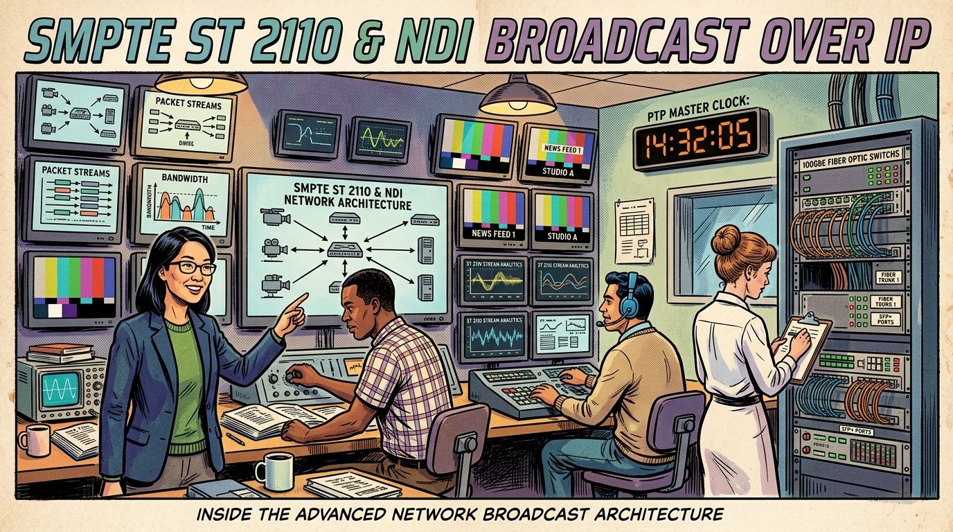 A 1960s mid-century comic book style editorial illustration depicting television broadcast engineers and network architects operating an IP broadcast routing master control room.