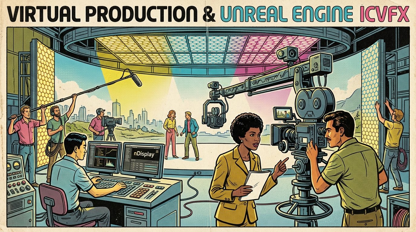 A 1960s mid-century comic book style editorial illustration depicting a modern film production crew filming on a massive curved LED volume stage with Unreal Engine virtual production backgrounds.
