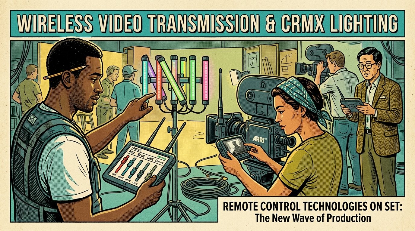 A 1960s mid-century comic book style editorial illustration depicting a film set camera department and lighting crew using wireless video transmitters and wireless DMX lighting controllers.