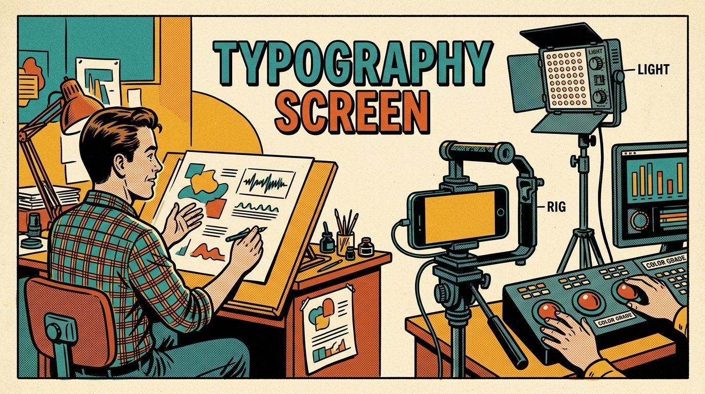 A 1960s mid-century comic book style editorial illustration showing a graphic designer at a drawing desk, with a phone clamped to a rig, an LED panel light on a stand, a colour grading panel with trackballs visible in the frame.