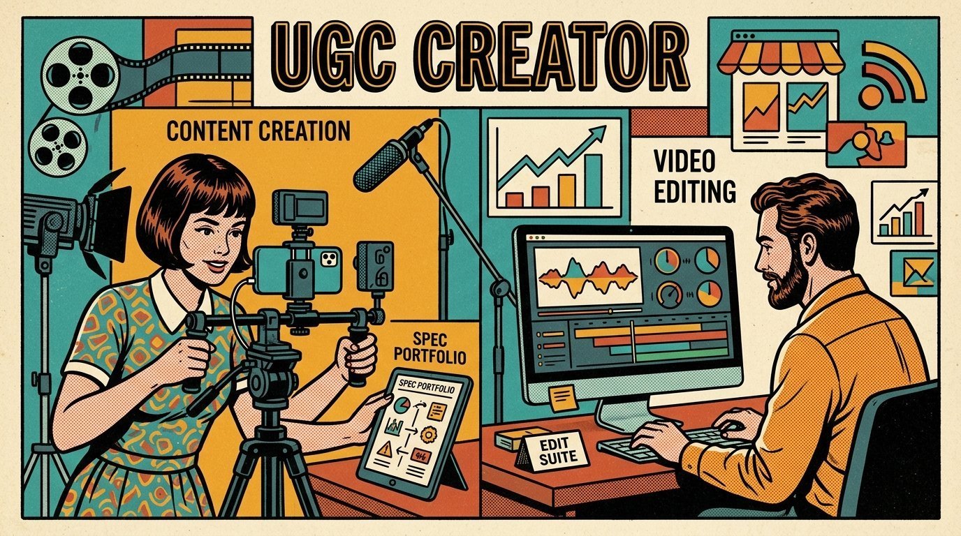 A 1960s mid-century comic book style editorial illustration showing a video editor and a director reviewing the cut together, with a phone clamped to a rig visible in the frame.