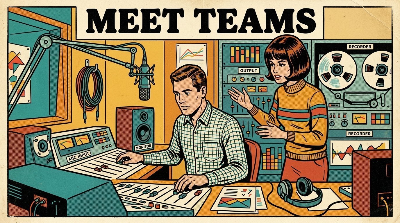 A 1960s mid-century comic book style editorial illustration showing two audio engineers at a mixing desk, with coiled cables on a hook, a studio microphone on a boom arm, closed-back headphones visible in the frame.