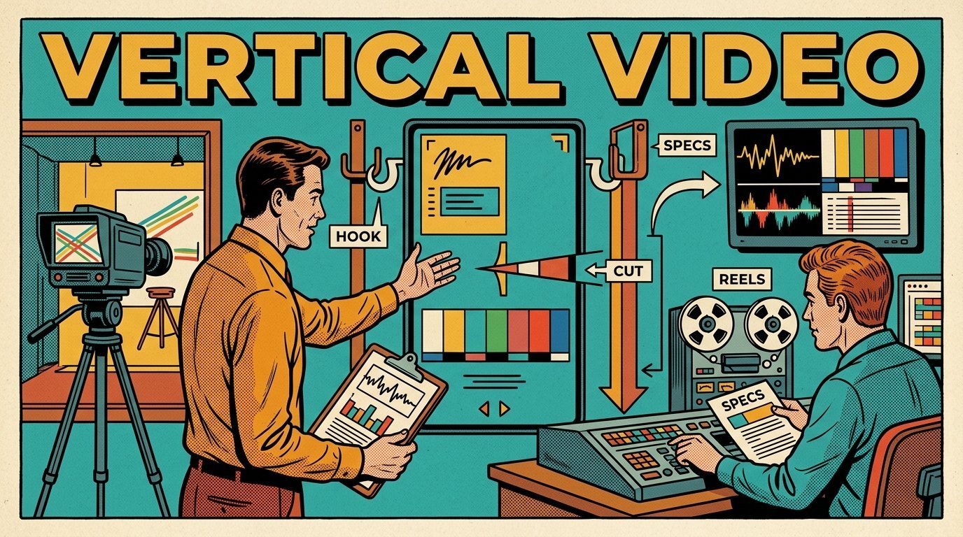 A 1960s mid-century comic book style editorial illustration showing a video editor and a director reviewing the cut together, with caption bars beneath a picture, a camera on a tripod visible in the frame.