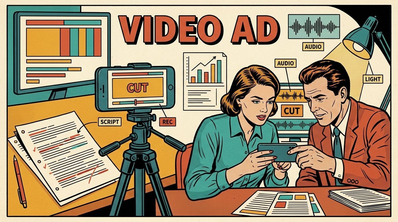 A 1960s mid-century comic book style editorial illustration showing a video editor and a director reviewing the cut together, with a marked-up script on the desk, a camera on a tripod visible in the frame.