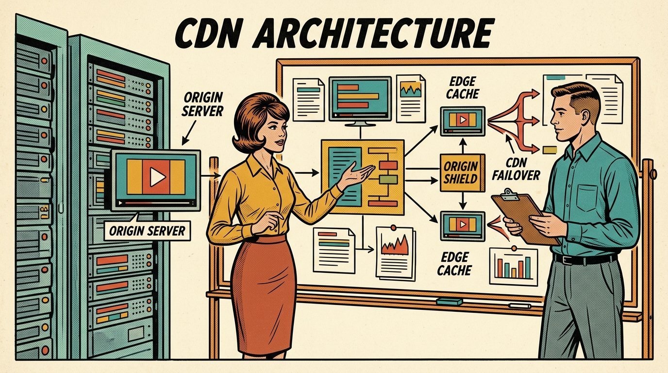 A 1960s mid-century comic book style editorial illustration showing a media operations manager and an engineer reviewing a workflow board, with a rack of servers visible in the frame.