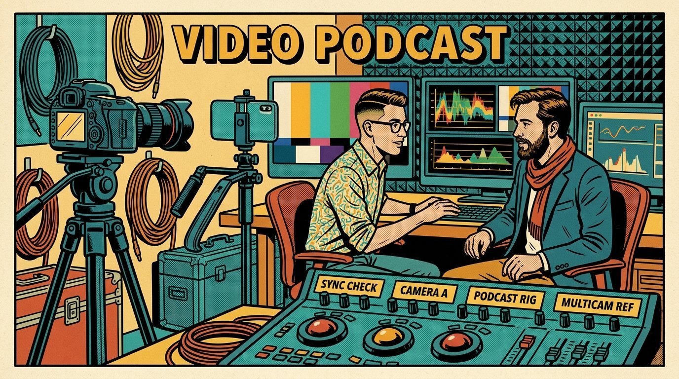 A 1960s mid-century comic book style editorial illustration showing a video editor and a director reviewing the cut together, with a camera on a tripod, a phone clamped to a rig, a colour grading panel with trackballs visible in the frame.