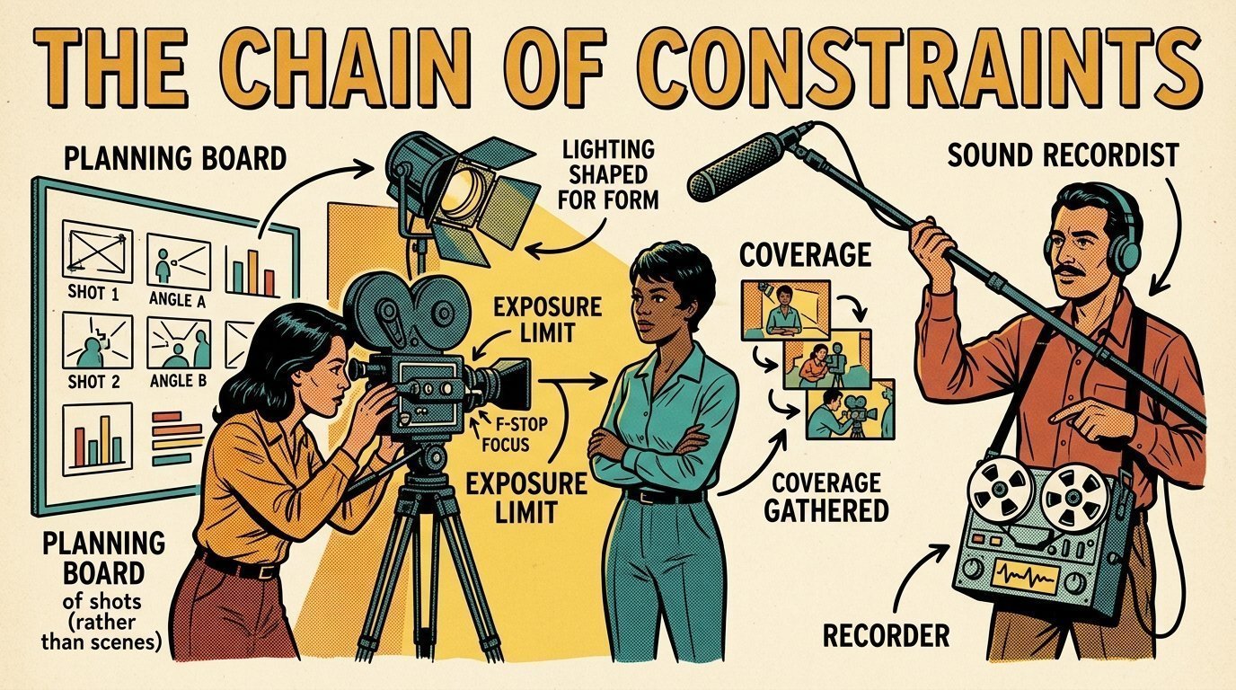 A 1960s mid-century comic book style editorial illustration of a small video crew planning in shots, setting manual exposure, lighting for shape and recording sound as a separate discipline.