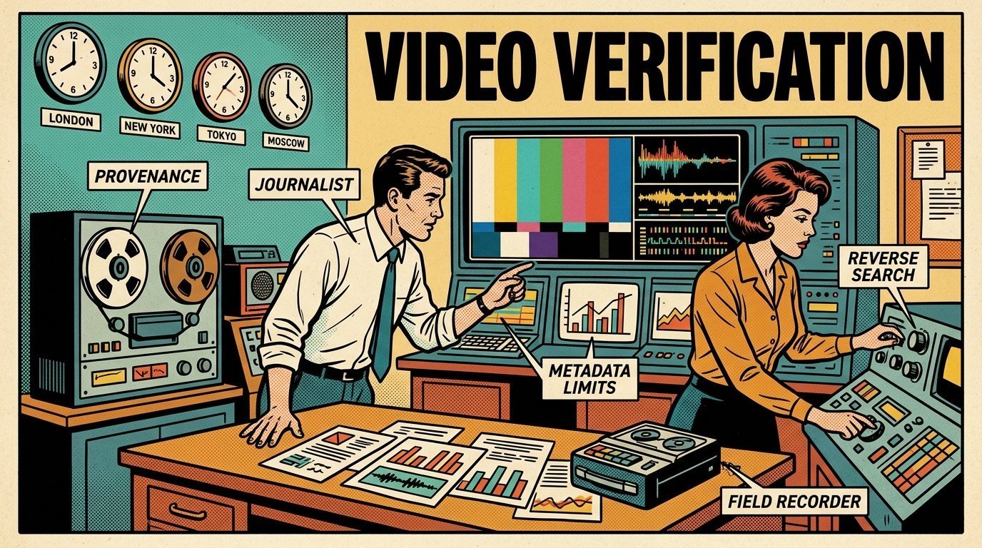 A 1960s mid-century comic book style editorial illustration showing a broadcast journalist and a producer in a newsroom, with a newsroom desk, a field recorder, a wall of clocks visible in the frame.