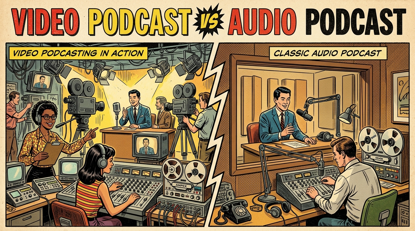 A 1960s mid-century comic book style editorial illustration comparing video podcasting multi-camera studio production against classic audio podcasting tape recording.