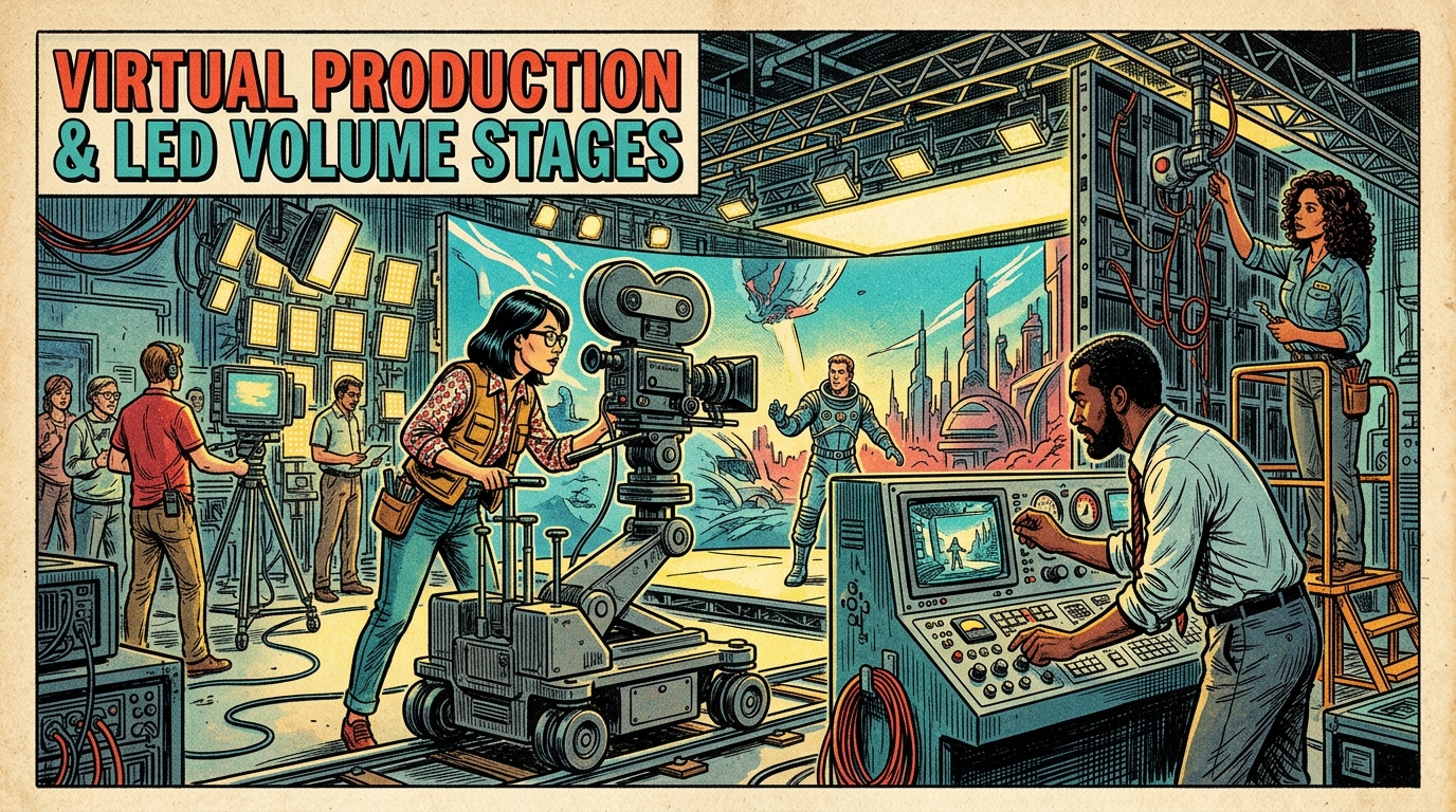 A 1960s mid-century comic book style editorial illustration showing a film crew operating a cinema camera dolly on a virtual production stage with real-time LED volume background walls and tracking control consoles.