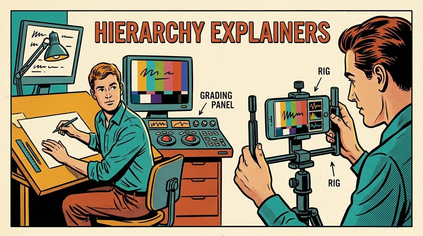 A 1960s mid-century comic book style editorial illustration showing a graphic designer at a drawing desk, with a colour grading panel with trackballs, a phone clamped to a rig visible in the frame.