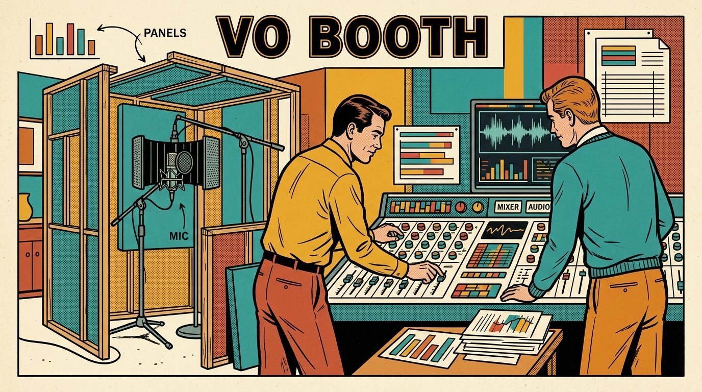 A 1960s mid-century comic book style editorial illustration showing two audio engineers at a mixing desk, with a mixing desk, a studio microphone on a boom arm, an audio waveform display visible in the frame.