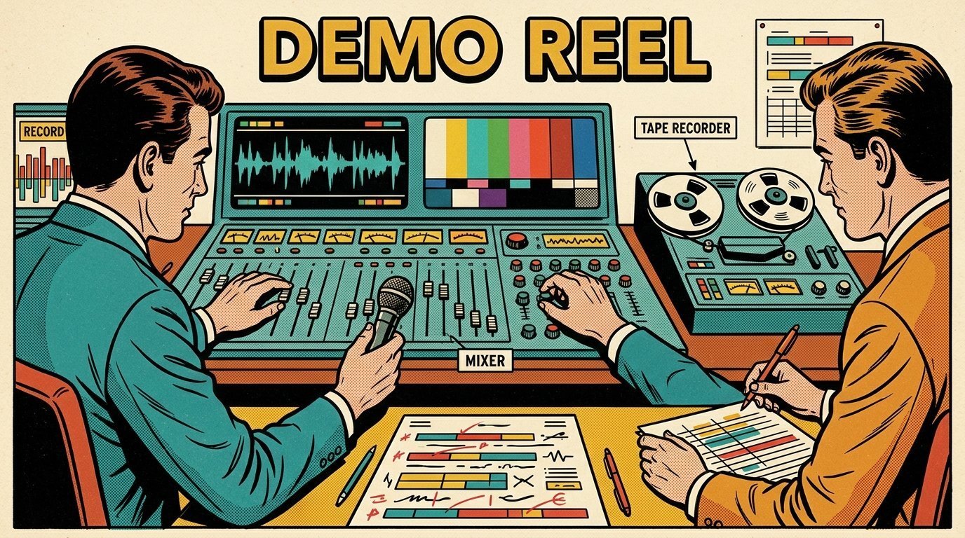 A 1960s mid-century comic book style editorial illustration showing two audio engineers at a mixing desk, with a marked-up script on the desk visible in the frame.