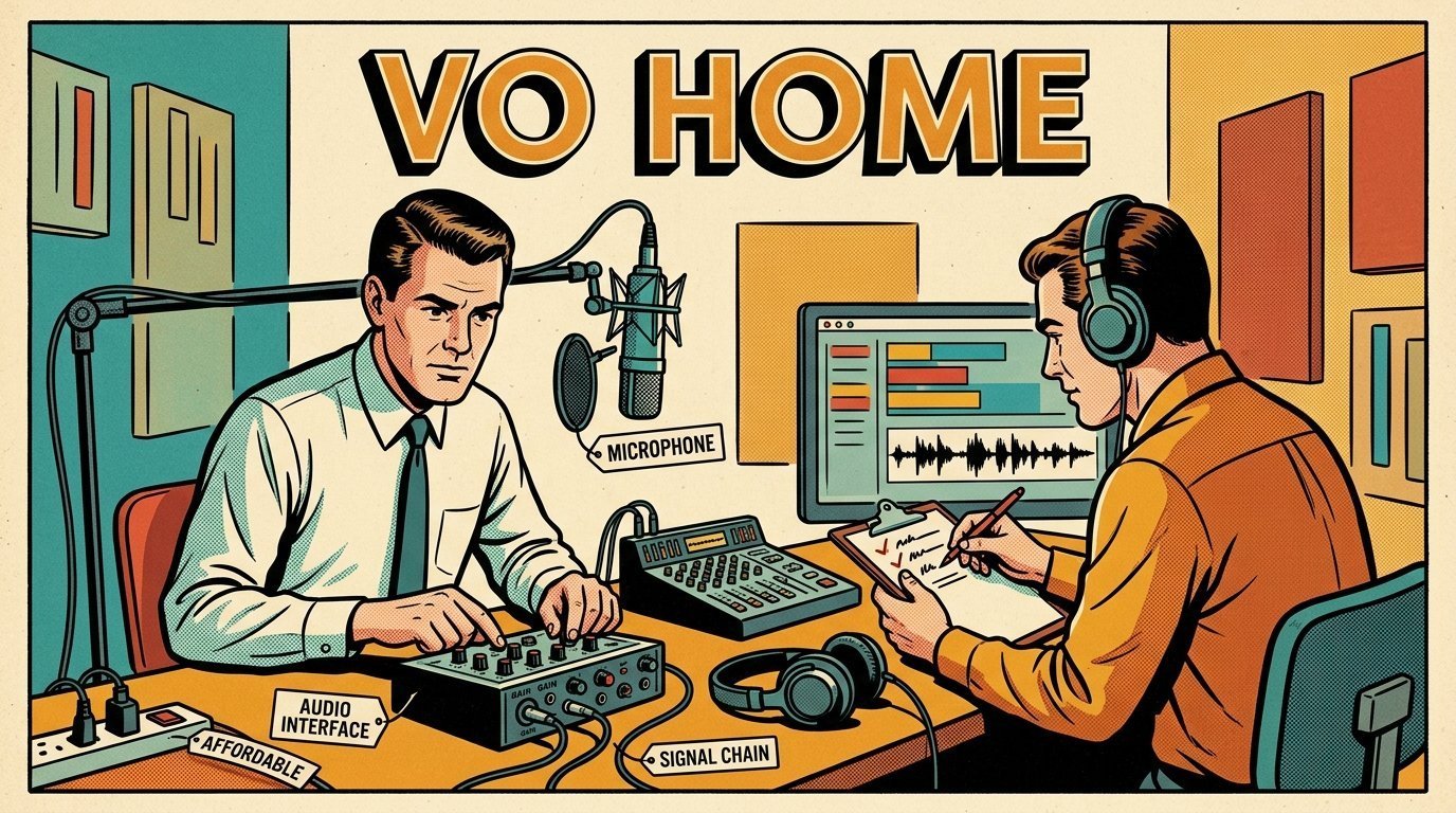 A 1960s mid-century comic book style editorial illustration showing two audio engineers at a mixing desk, with an audio interface with gain knobs, a studio microphone on a boom arm, closed-back headphones visible in the frame.