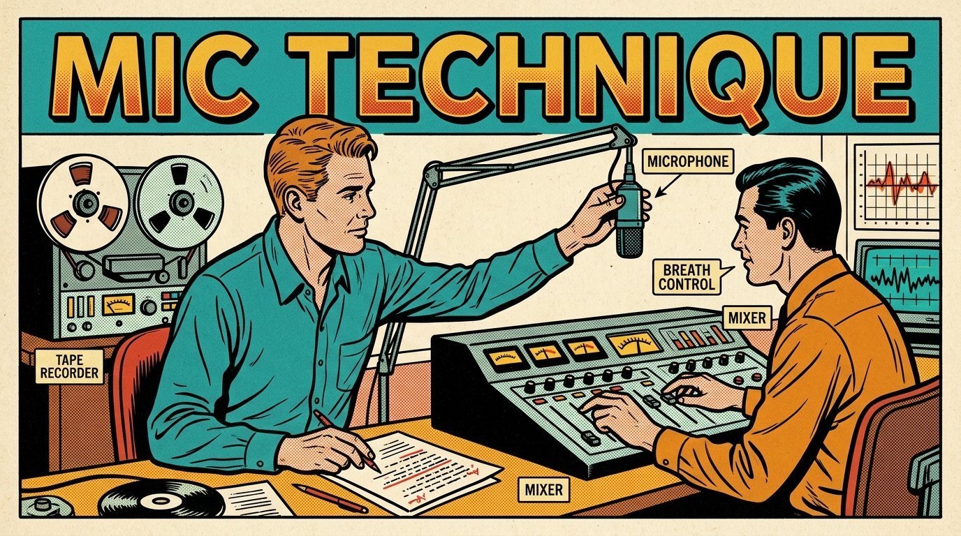 A 1960s mid-century comic book style editorial illustration showing two audio engineers at a mixing desk, with a marked-up script on the desk, a studio microphone on a boom arm, reels of magnetic tape visible in the frame.