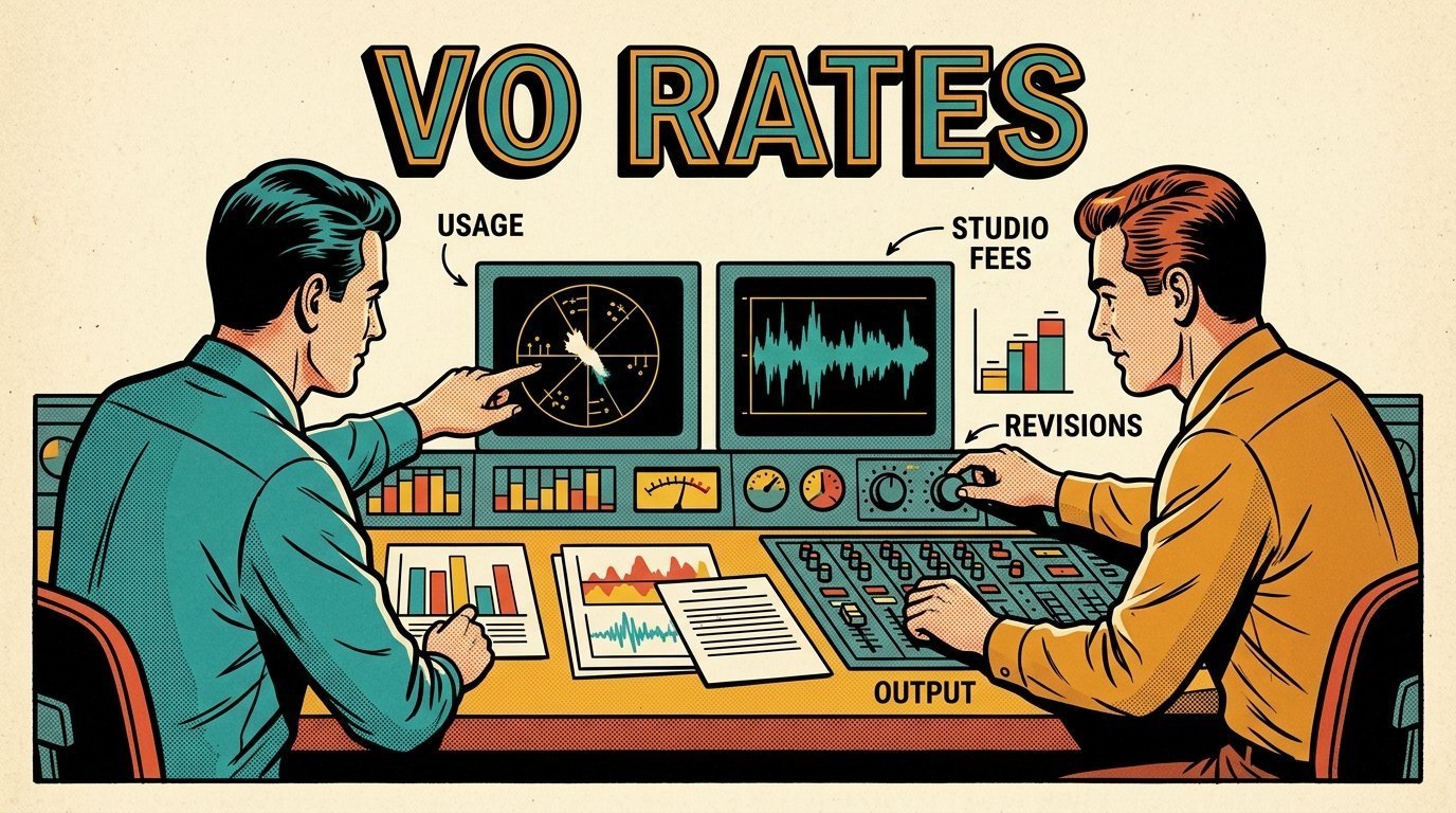 A 1960s mid-century comic book style editorial illustration showing two audio engineers at a mixing desk, with a vectorscope and waveform monitor visible in the frame.