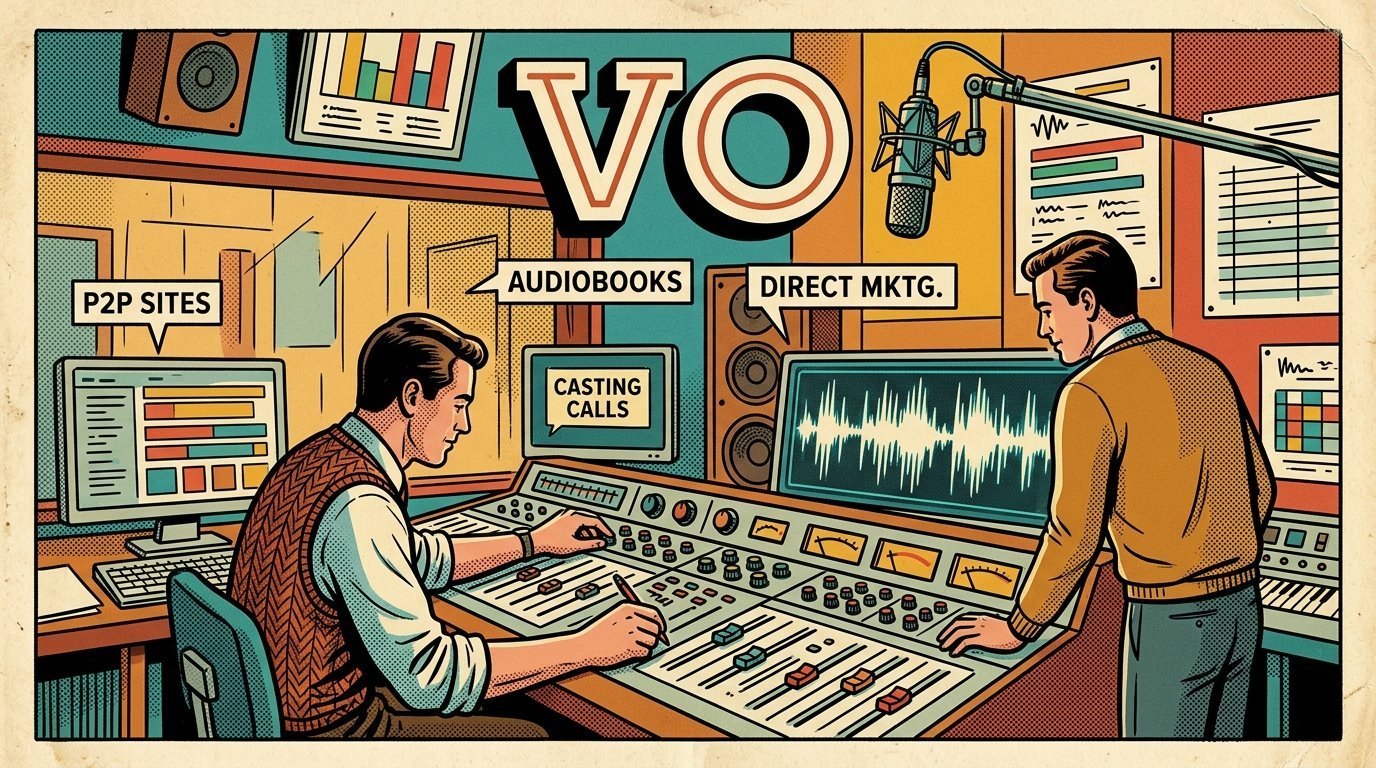 A 1960s mid-century comic book style editorial illustration showing two audio engineers at a mixing desk, with a mixing desk, a studio microphone on a boom arm, an audio waveform display visible in the frame.