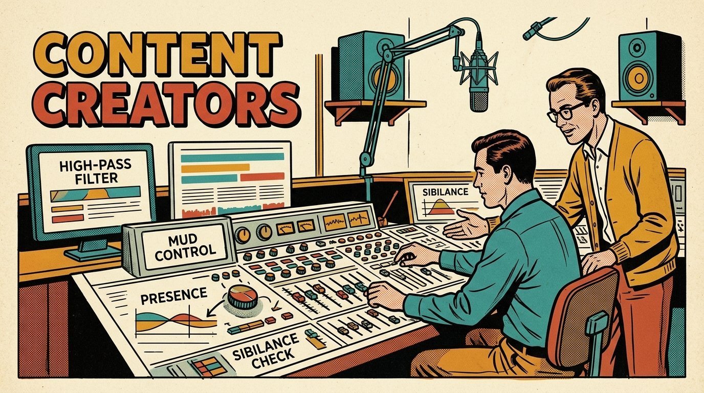 A 1960s mid-century comic book style editorial illustration showing two audio engineers at a mixing desk, with a studio microphone on a boom arm, a pair of studio monitors visible in the frame.