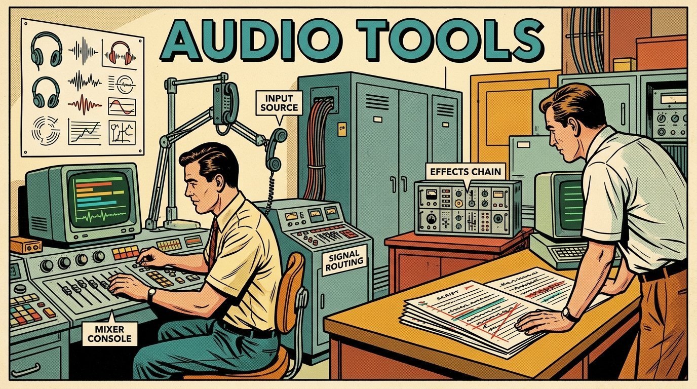 A 1960s mid-century comic book style editorial illustration showing two engineers at terminals in a machine room, with a wall chart of figures, a marked-up script on the desk, a phone clamped to a rig visible in the frame.