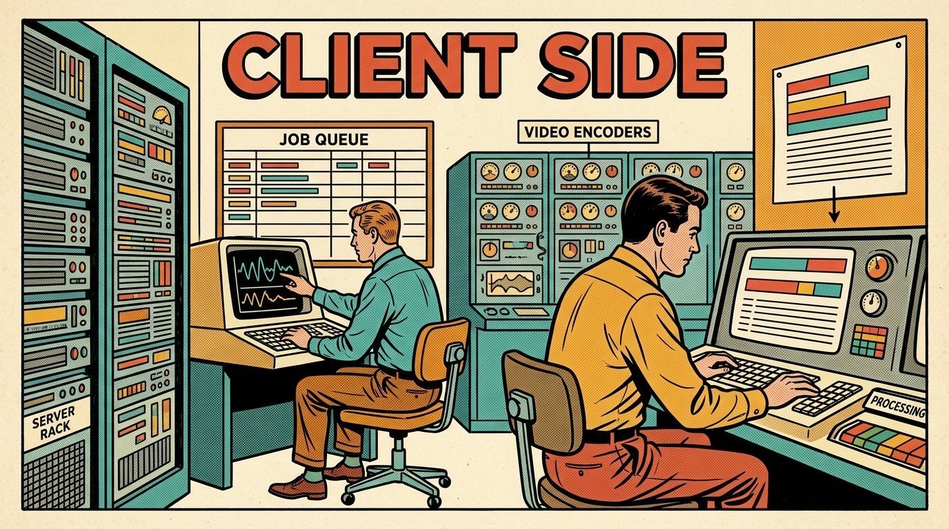 A 1960s mid-century comic book style editorial illustration showing two engineers at terminals in a machine room, with a rack of servers, a job queue board, a bank of encoders visible in the frame.