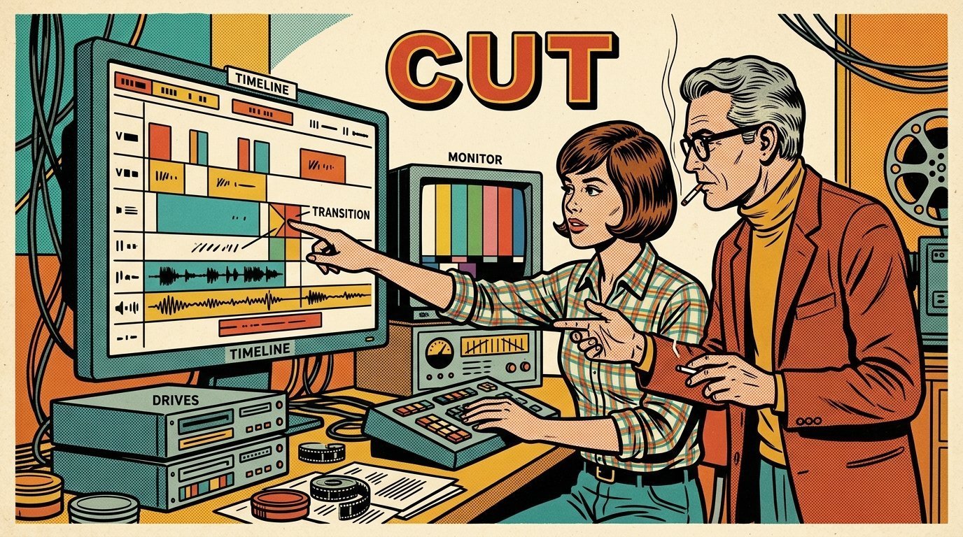 A 1960s mid-century comic book style editorial illustration showing a video editor and a director reviewing the cut together, with an edit timeline on a large screen, a calibrated monitor, stacked storage drives visible in the frame.