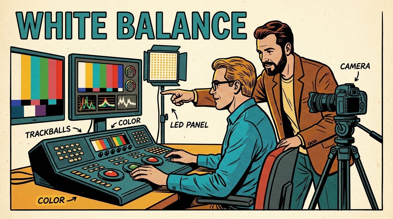 A 1960s mid-century comic book style editorial illustration showing a video editor and a director reviewing the cut together, with a colour grading panel with trackballs, an LED panel light on a stand, a camera on a tripod visible in the frame.