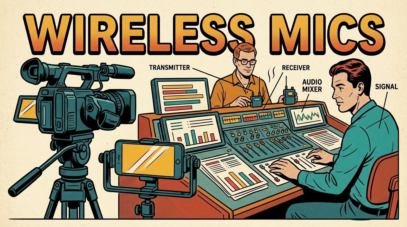 A 1960s mid-century comic book style editorial illustration showing two audio engineers at a mixing desk, with a camera on a tripod, a phone clamped to a rig visible in the frame.
