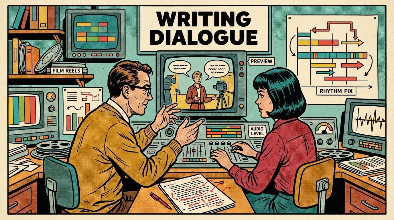 A 1960s mid-century comic book style editorial illustration showing a video editor and a director reviewing the cut together, with a marked-up script on the desk visible in the frame.