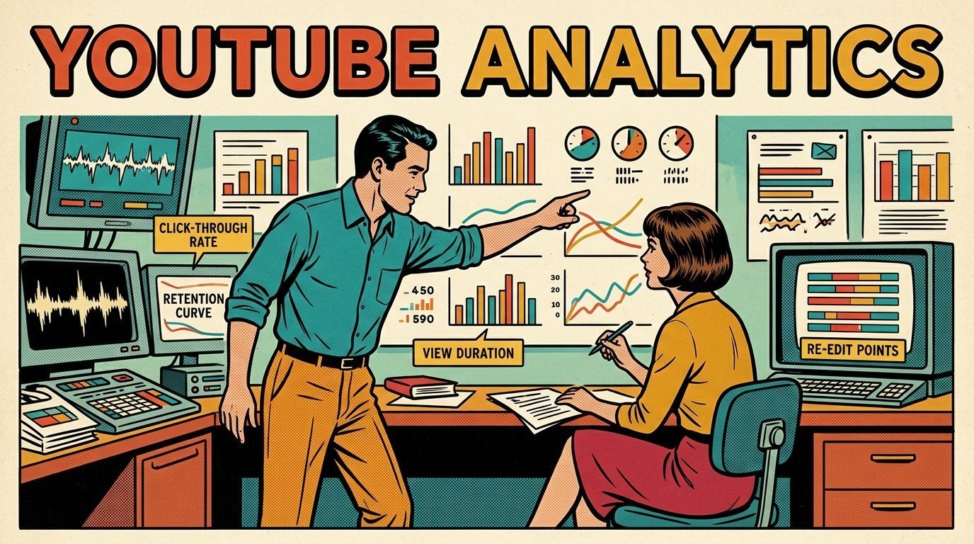 A 1960s mid-century comic book style editorial illustration showing a video editor and a director reviewing the cut together, with a wall chart of figures visible in the frame.
