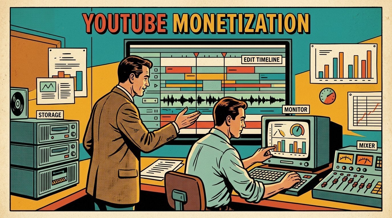 A 1960s mid-century comic book style editorial illustration showing a video editor and a director reviewing the cut together, with an edit timeline on a large screen, a calibrated monitor, stacked storage drives visible in the frame.