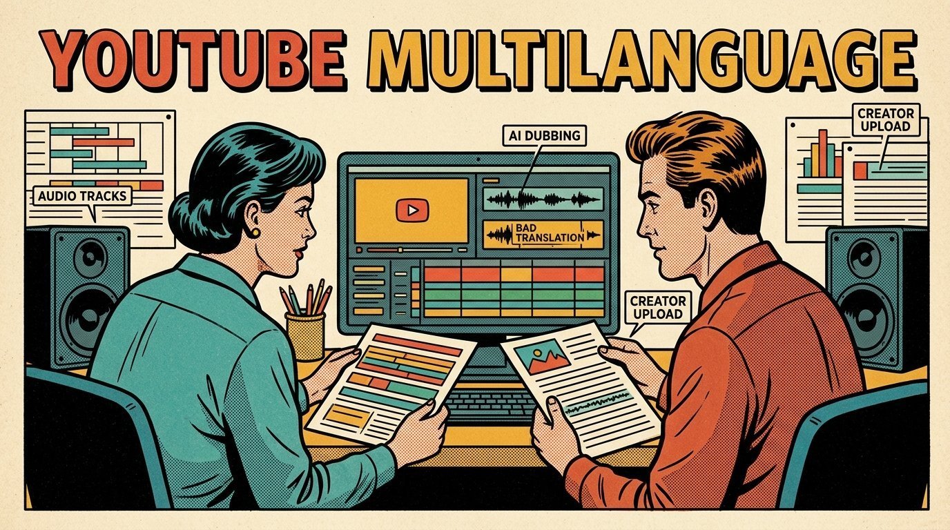 A 1960s mid-century comic book style editorial illustration showing a video editor and a director reviewing the cut together, with caption bars beneath a picture, a pair of studio monitors visible in the frame.