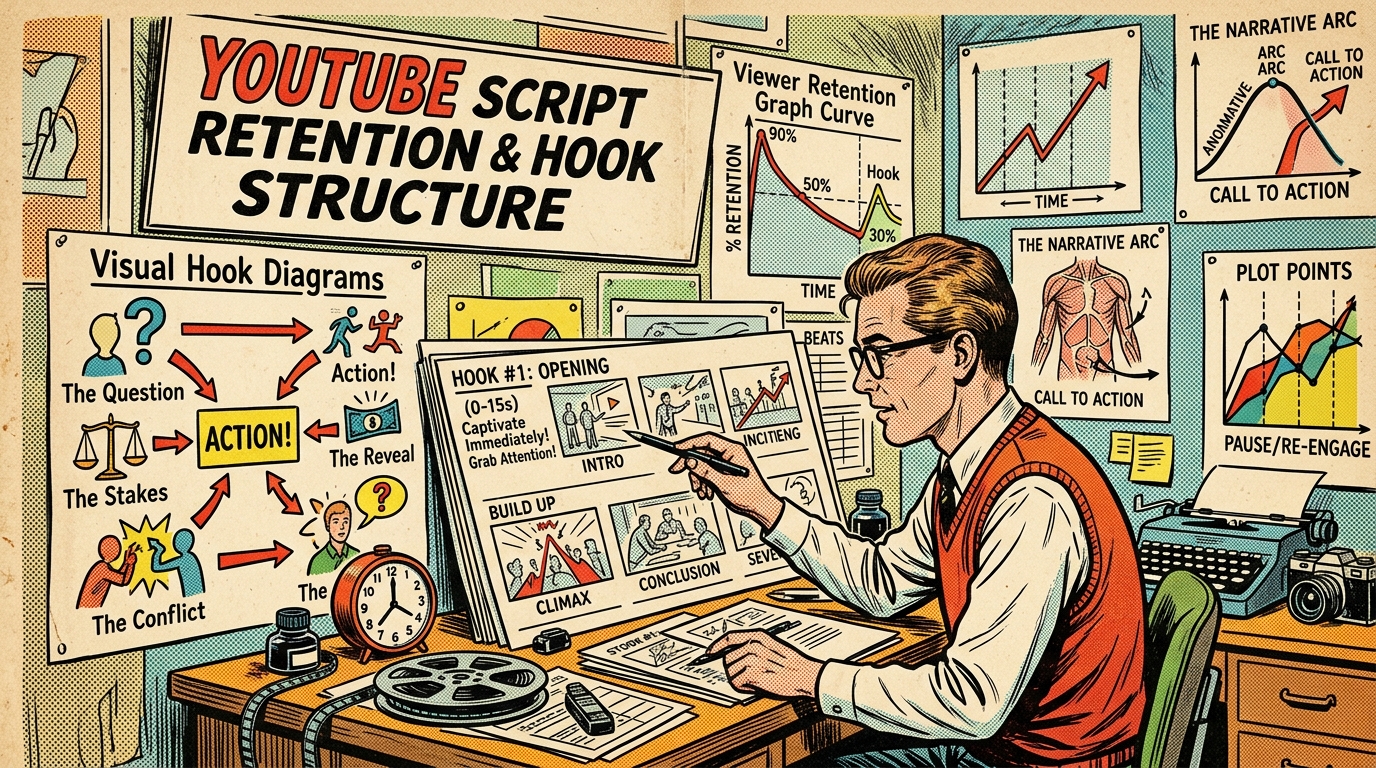 A 1960s mid-century comic book style editorial illustration depicting a video creator analyzing storyboards, visual hook diagrams, and viewer retention graph curves.