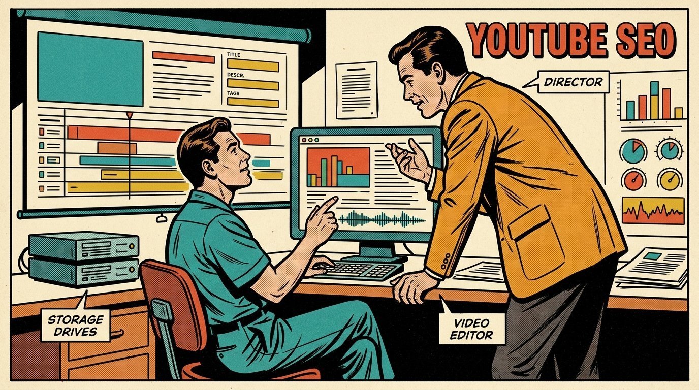 A 1960s mid-century comic book style editorial illustration showing a video editor and a director reviewing the cut together, with an edit timeline on a large screen, a calibrated monitor, stacked storage drives visible in the frame.
