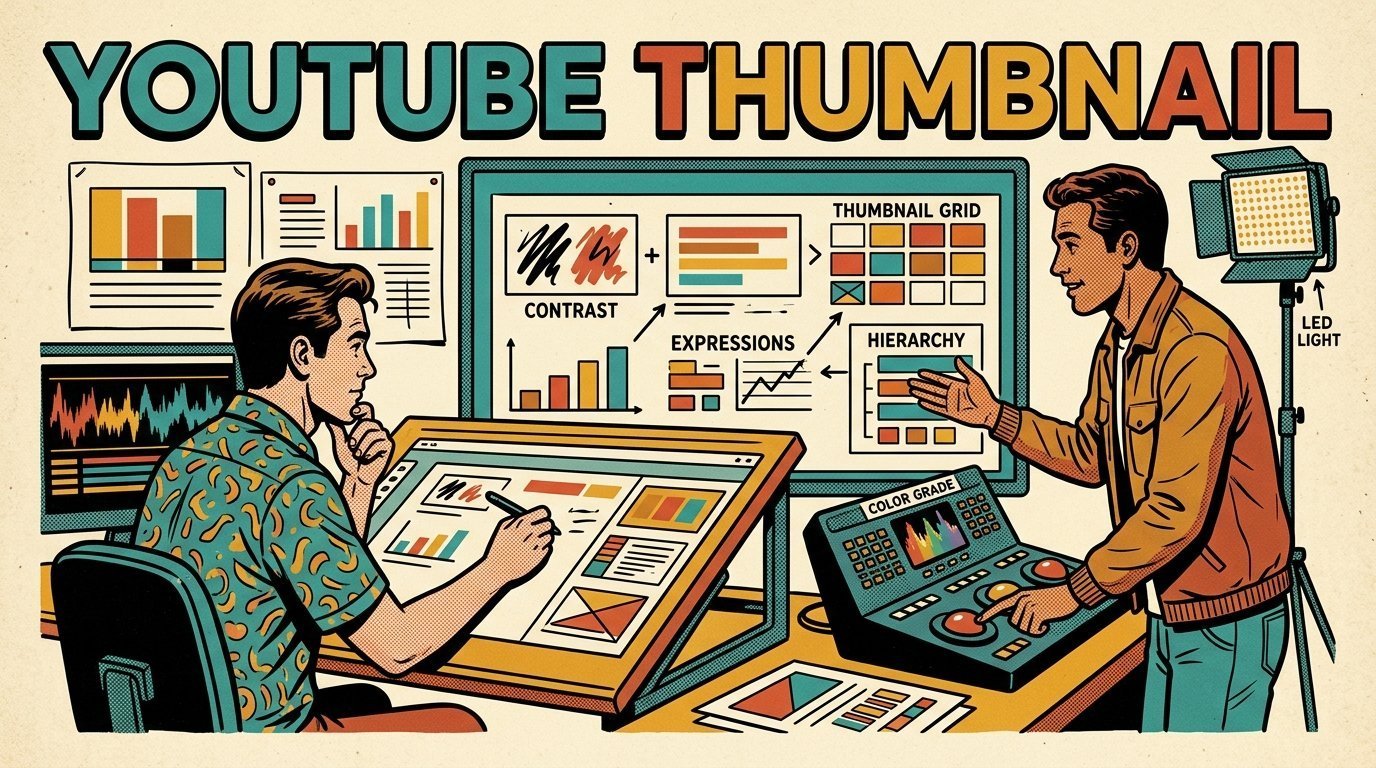 A 1960s mid-century comic book style editorial illustration showing a graphic designer at a drawing desk, with a colour grading panel with trackballs, an LED panel light on a stand visible in the frame.