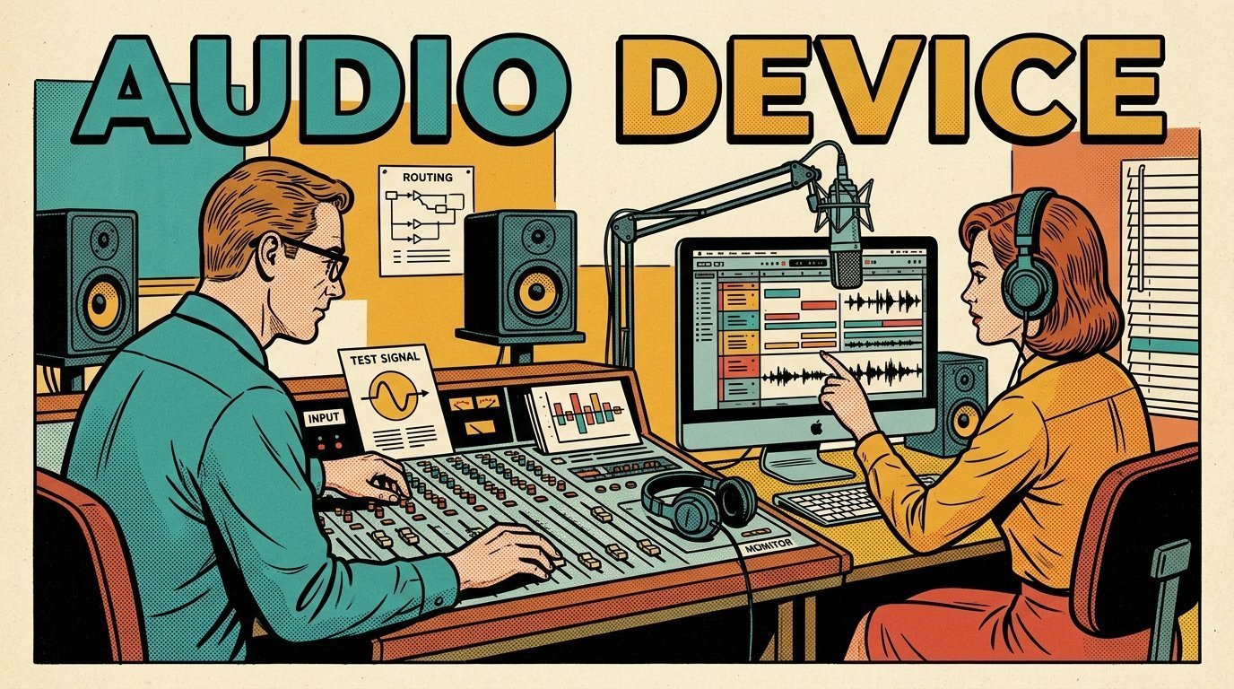 A 1960s mid-century comic book style editorial illustration showing two audio engineers at a mixing desk, with a studio microphone on a boom arm, a pair of studio monitors, closed-back headphones visible in the frame.